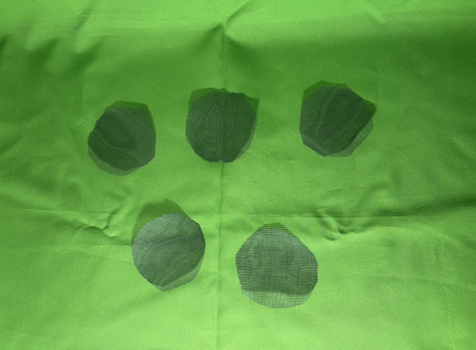 Five roughly circular discs of dark insect mesh