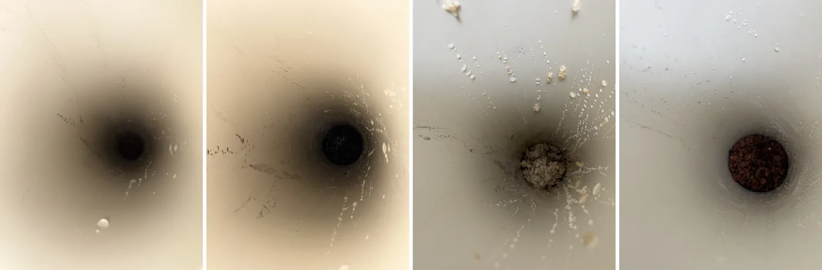 Four views down the pipe as each layer went in: dark support scoria, black charcoal, pale silica sand and red scoria on top