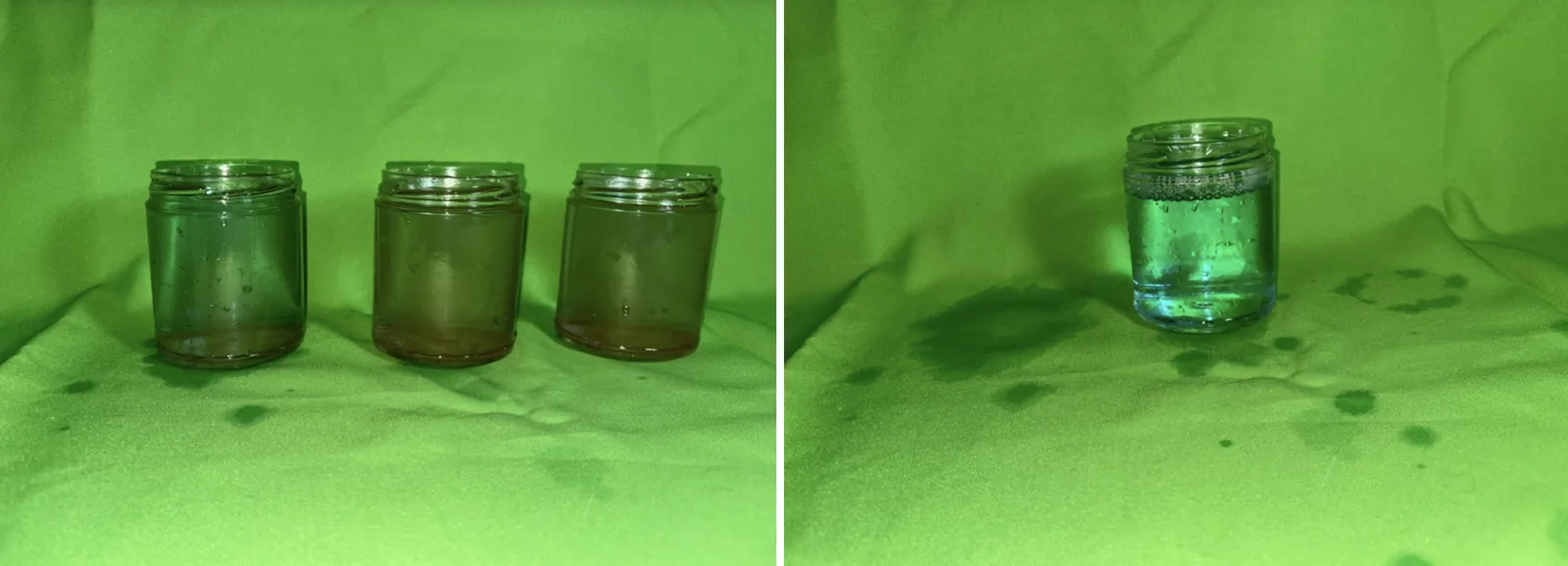Three jars of cloudy brown water beside one jar of clear, blue-tinted effluent